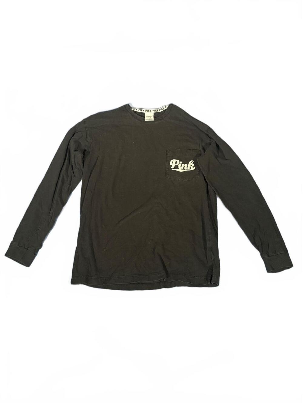 Pink Victoria's Secret Black Long Sleeve Campus Tee Script Pocket Shirt M